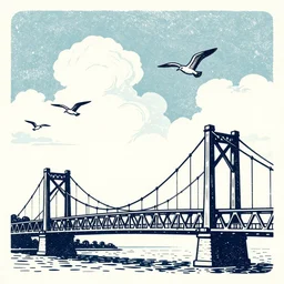 small steel suspension bridge built in 1 9 2 8, side view, puffy clouds in background, seagulls floating in the sky, woodcut style, rubber stamp, 8 k