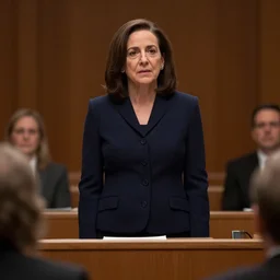 Movie still of Sheryl Sandberg standing trial at the Hague in Facebook The Movie (2017), directed by Steven Spielberg