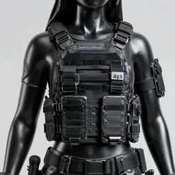 an extremely beautifully lit photograph of a female statue made of black shiny stone, the statue is wearing tactical riot gear, the statue is wearing military clothes, the clothes are a complex technical halter with black nylon straps and metal buckles in the style of matthew williams, alyx, the statue is wearing a complex tactical chest rig, acronym, techwear, tactical clothing, sharp focus, award winning photograph, beautiful, clear, sharp, detailed, hyperreal, realistic