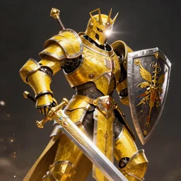 dynamic portrait of a intricate glorious holy mechanical warforged character in yellow armor holding a paladin engraved great longsword drawn and carrying a big paladin shield, spotlight from face , epic , trending on ArtStation, masterpiece,  cinematic lighting, by Greg Rutkowski and by John Salminen and by Jackson Pollock and by Marc Simonetti
