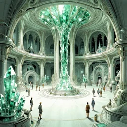 the interior of a scifi space station with ornate elven architecture bustling with people by jean giraud moebius, crystalline, emerald, highly detailed matte illustration by moebius, clean lines, sharp focus, intricate, elegant