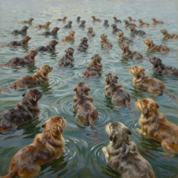 endless sea of poodles, oil painting