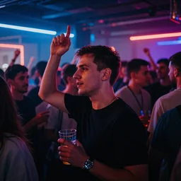 nizhny Novgorod nights party in neon lights, high details, hyper realism, 35mm, photo, 8k
