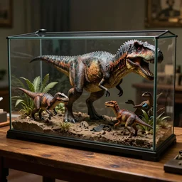 a closed terrarium of jurassic animals on a wooden table, action scene, an epic fantasy, dramatic lighting, cinematic, extremely high detail, photorealistic, cinematic lighting, artstation, by christopher nolan, shadow of the tomb rider