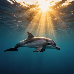 dolphin swimming underwater, golden hour, god rays, by ismail inceoglu