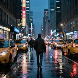 « a man walking in a night raining streets, new york, big city, taxi, cars, shops one the side with neons, digital art, highly detailed »