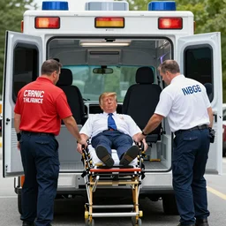 Donald trump being put into the back of an ambulance on a stretcher by an EMT, 8k, very detailed,