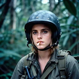 film still, extreme far view, emma watson, wearing m 1 helmet, cigarette, jungle, vietnam door gunner, apocalypse now, associated press, 2 6 mm, kodak ektachrome, blue tint expired film,