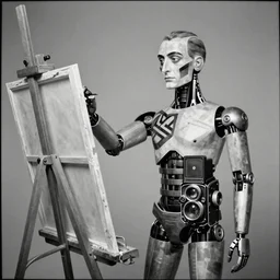 photo of cyborg picasso standing at an easel by diane arbus, black and white, high contrast, rolleiflex, 5 5 mm f / 4 lens