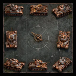 overhead view, digital painted rusted dieselpunk tank virtual tabletop asset sheet, orthographic grid arrangement, roll 2 0, 2 - minute tabletop, battle map prop, black background, unity asset store, by greg rutkowski, trending on artstation