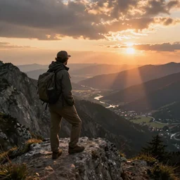 a wanderer looking down from the peak of a mountain, distant valley, sunset, sunrays, dramatic light, high detail, masterpiece, painted by caspar david friedrich, trending on artstation