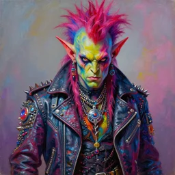portrait of a scifi apocalyptic demonic orcish goblin punk rock heavy metal character, cool pose, psychedelic vibrant colors, futuristic punk rock fashion, oil painting by michael whelan art, sharp focus, realistic, detailed eyes, 8 0 s hair, studded leather jacket, 8 k