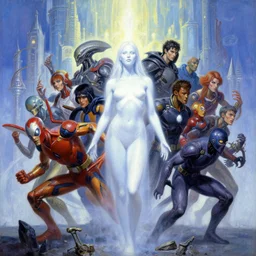 fantasy art portrait oil painting, perfect expression, subconscious connects, purified consciousness, beautiful x - men battle the avengers, redesigned, full figure action shot, alien world, artifacts, valerian city luminous skies, yasushi nirasawa, moebius, hr giger, alex ross, stephen bliss, loish, rhads, ferdinand knab, makoto shinkai and