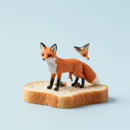 A miniature statuette of a fox on a piece of bread. solid Background.