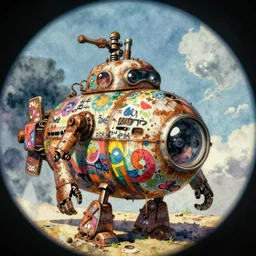 memorable animation key shot, fish eye lens, the rusty robot submarine schwerer gustav!!!! covered in bold grafitti, paint drip, colorful murals, studio ghibli, pixar, disney concept art watercolor illustration by craig mullins, dean cornwell, nc wyeth, satoshi kon!
