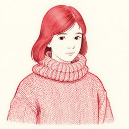 teenager girl wearing winter clothes knitted, drawn by jean giraud and moebius, red tones, detailed drawing, flat colors