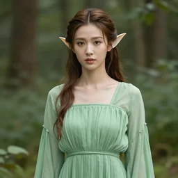 A beautiful Queen of the Fae with brown hair wearing a pleated green dress and a silver diadem, Tarot card art