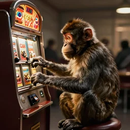 monkey is playing with slot machine