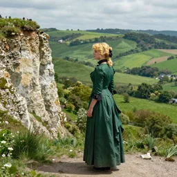 “painted cliff side overlooking hills, woman in Victorian clothing with blond hair painted artistic, green and vibrant ”