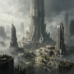 an abandoned dystopian city, by federico pelat and craig mullins, parametric architecture, by michael weisheim beresin and james paick and stephan martiniere, concept art, hyperrealism, 8 k resolution, octane render, cinematic, ominous, intricate details, volumetric lighting, misty