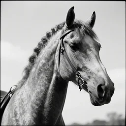 stunning bw film photograph of ( ( ( ( cyborg horse ) ) ) ), closeup, aperture 1. 2