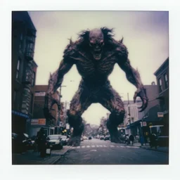 1 9 9 0's cursed polaroid photo, depicting a gargantuan entity creature designed by junji ito, gantz, silent hill series, rampaging through toronto neighborhood, historical record. deep aesthetics of weirdcore