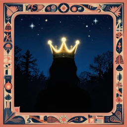 a silhouette of a glowing crown under a sky full of stars in a forest in england, sunburst, sense of longing, rule of thirds, clever design, decorative modern graphic design collage border, by hannah hoch and jesse treece and christian jackson and josh brill