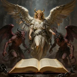 book of enoch, angels capture demons with huge chains and send them to hell, atmospheric lighting. highly detailed digital painting, sharp focus by dore and bouguereau, william - adolphe and liam brazier, trending on artstation