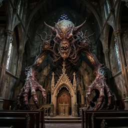 picture of a complex cronenbergian disgusting and montruous creature inside of an old wooden church in louisiana, dark and intricate photograph
