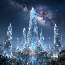 a futuristic crystal city with elves. the milky way is in the sky. highley detailed