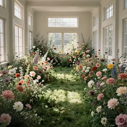 A large room with flowers on grass plots. The room stretches for miles and you can't see the end of it. windows are are above the flowers that shine in sunlight. Dream like, muted colors.