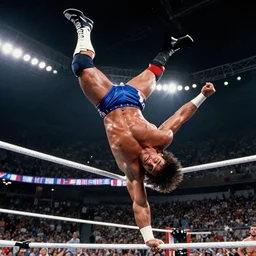 Macho Man Randy Savage performing elbow drop from extreme height. Extreme wide angle!! very low perspective! High Quality, 4k