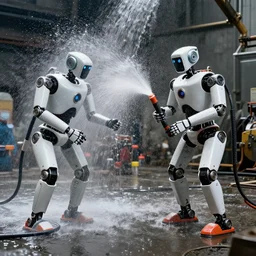 robots being hosed down by a robot after a day of working in the mines