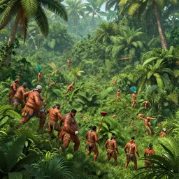 editorial photo of brutal battle in layered  jungle, big heavy warriors and  small Amazonians climbing onto another and fight, epic,three point perspective, vintage, blood, slight inspiration of Boris vallejo and  apocalypto, war photography