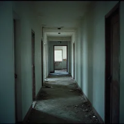 abandoned indoors hallway, grainy vhs footage, liminal space, eerie