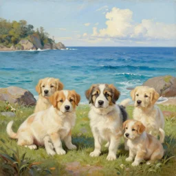 a beautiful seascape painting with puppies, detailed, intricate