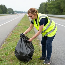 emma watson in a hi vis vest picking up trash on the side of the interstate,