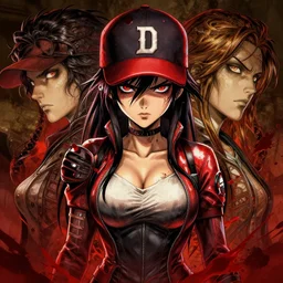 symmetry ( badass clementine from the walking dead wearing her iconic baseball ( letter d ) hat ) blood splatter, ultra detailed, intricate, anime, dynamic lighting, digital art, digital painting, art station, wlop, sharp focus, illustration, art by artgerm and greg rutkowski and alphonse mucha