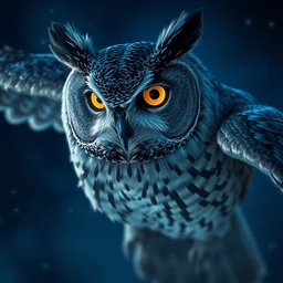 portrait of a gray owl with bright golden eyes take off, blue night lighting, highly detailed, digital painting, artstation, concept art, sharp focus, cinematic lighting, illustration, art by artgerm and greg rutkowski, alphonse mucha, cgsociety
