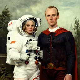 super super super epic cinematic shot of an astronaut couple, American Gothic style, 8k scene, digital art, drawn by j.c. leyendecker, amazing quality
