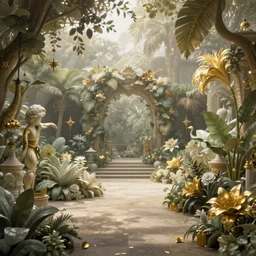 a baroque style artwork of a paradise garden, divine, hazy, volumetric lighting, lush flora, empty, very detailed, serene, gold accents, washed out colors, beautiful artwork, master level composition, raytracing