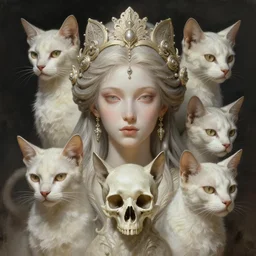 stunning goddess skull cats, portrait, skull, fantasy, intricate, elegant, highly detailed, digital painting, artstation, conceptual art, soft, sharp focus, illustration, art by afshar petros and cushart krenz and demura artem and tony sandoval, fine art
