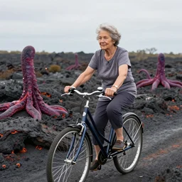 a cute gentle elderly woman riding a bike through a field of lava and tentacles, realistic photo