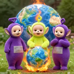 ugly teletubby kids burning earth and laughing