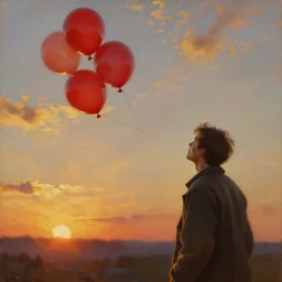 wistful oil painting of a man watching parts of himself float away like red balloons against a sky at sunset, these are all his memories, he is steeling himself to become a champion of loss, dramatic lighting, rembrandt like golden sunburnt quality