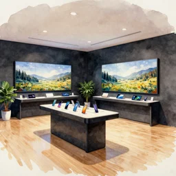 watercolor ink painting, artistic, masterful, atmospheric stylized lighting!!!!!!!!!! ( ( ( serious grounded balanced muted flagship samsung store, black walls. timber floor. low ceilings with spots. curved furniture, with large digital screen. display tables with phones and tablets, pots with plants, large digital screens on the walls ) ) )