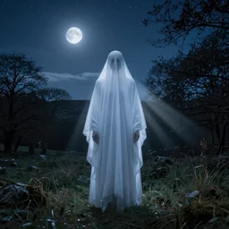 hyper detailed character portrait of a ghostly figure standing in the forest plains of north yorkshire with a clear night sky full of stars and the moon shining god rays down