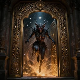 a ornamental gate into stars a demon emerges from it, ornament, intarsia, portal, doorway, no background, dynamic lighting, ambient lighting, atmospherical, photorealistic fantasy concept art, trending on art station, stunning visuals, creative, cinematic, ultra detailed