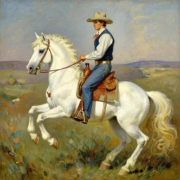 a painting of a cowboy riding a unicorn in the style of n. c. wyeth.
