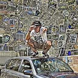 Smash Mouth singer squats on top of a car, Realistic, HDR, HDD, Dynamic Lighting